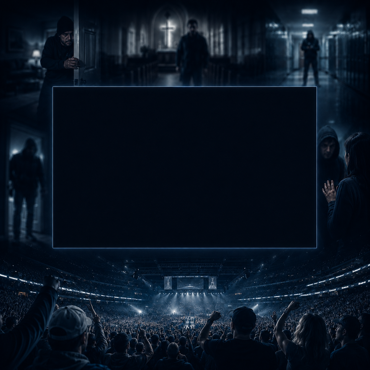 Cinematic scenes representing public threats surrounding a central display above a crowded arena